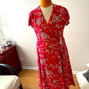 J peterman silk dress, red with white floral pattern size 8